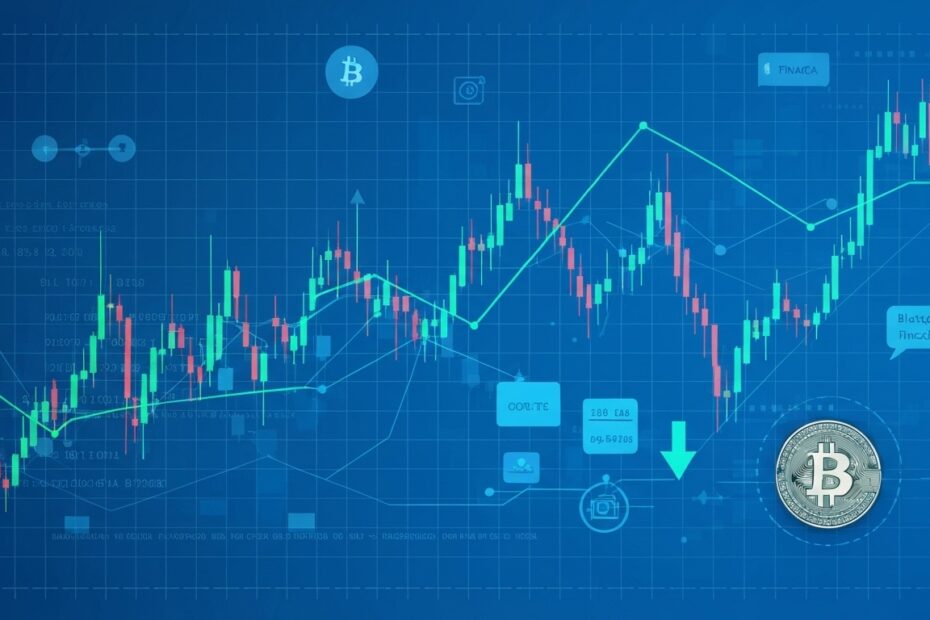 Gráfico de Bitcoin com velas japonesas, linhas de tendência e elementos de blockchain.