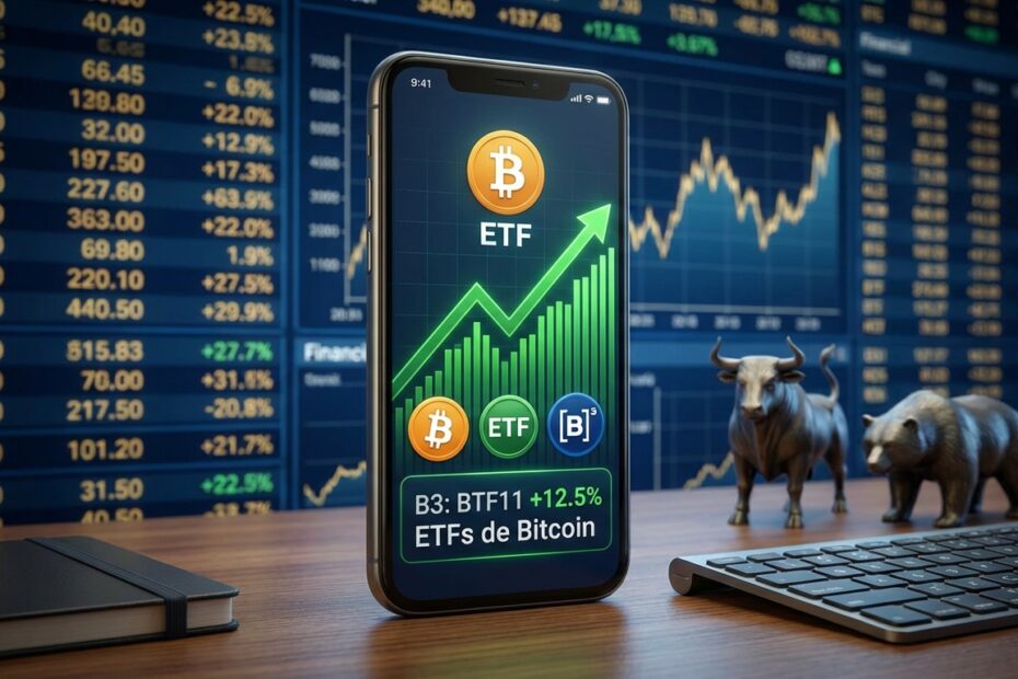 Smartphone exibindo gráfico de investimento em ETFs de Bitcoin na B3