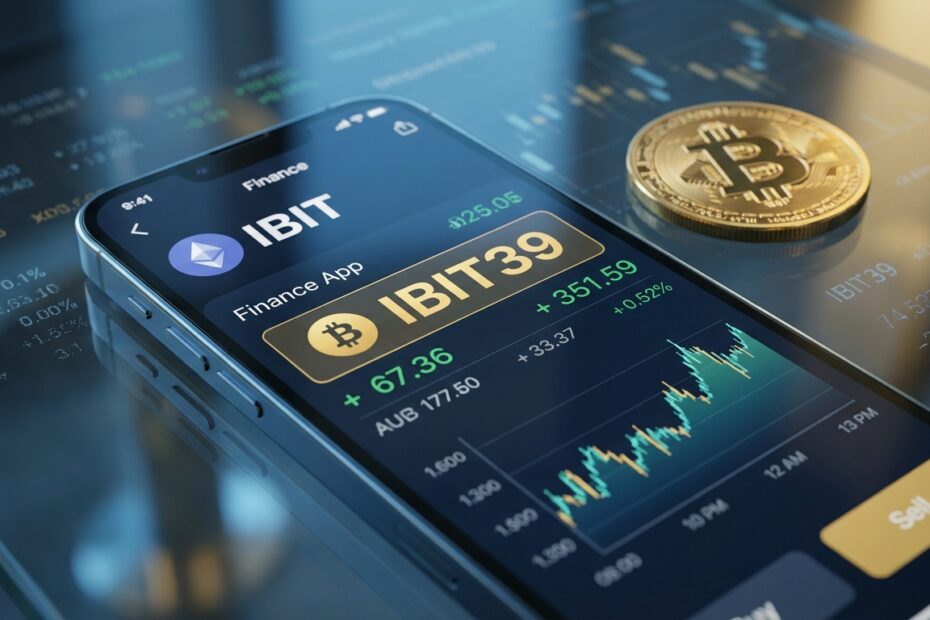 Smartphone exibindo gráfico do BDR IBIT39 da BlackRock com moeda Bitcoin ao lado