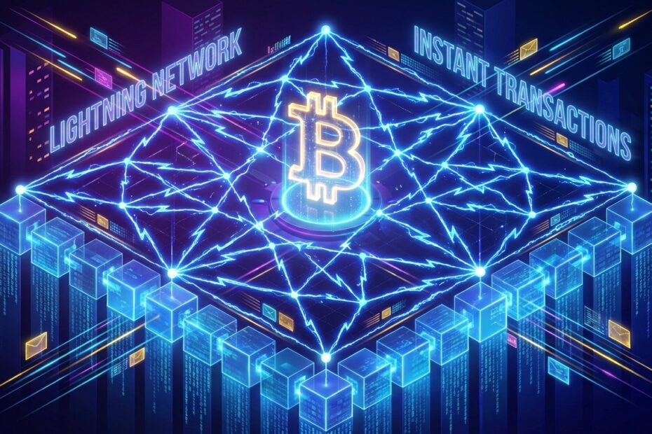Ilustração digital futurista da rede Lightning Network acelerando transações de Bitcoin