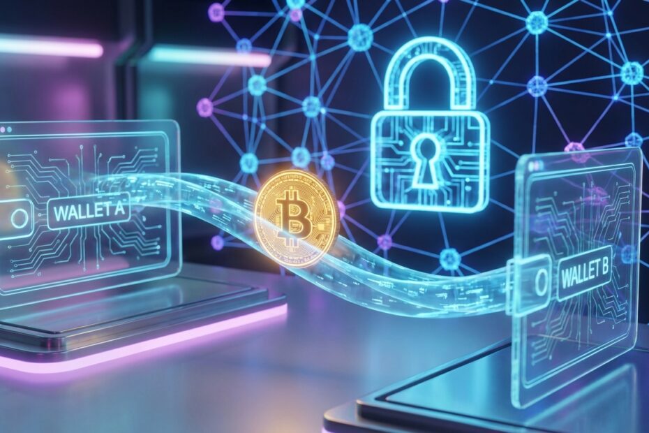 Ilustração 3D representando o envio seguro de bitcoins através da blockchain com criptografia