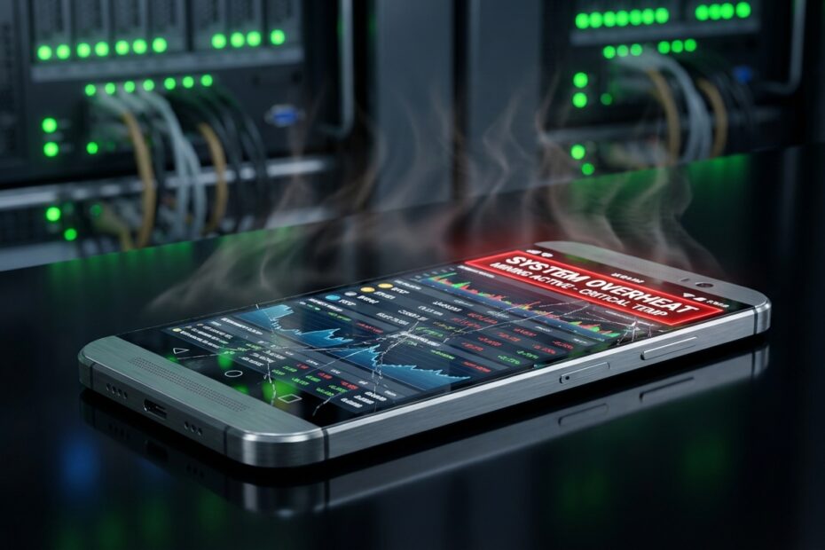 Smartphone sobre mesa exibindo alerta de superaquecimento durante tentativa de mineração de criptomoedas