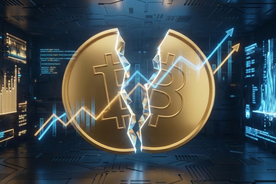 Ilustração 3D de um Bitcoin dourado dividindo-se com gráficos de mercado ao fundo