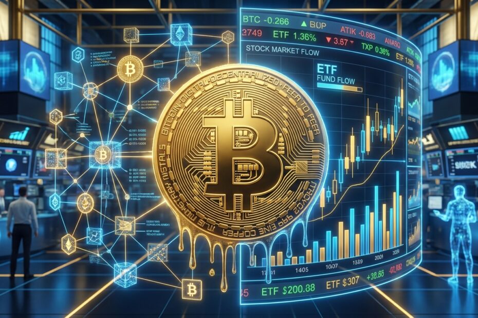 Ilustração fundindo Bitcoin com gráficos do mercado financeiro tradicional e dados de ETFs.