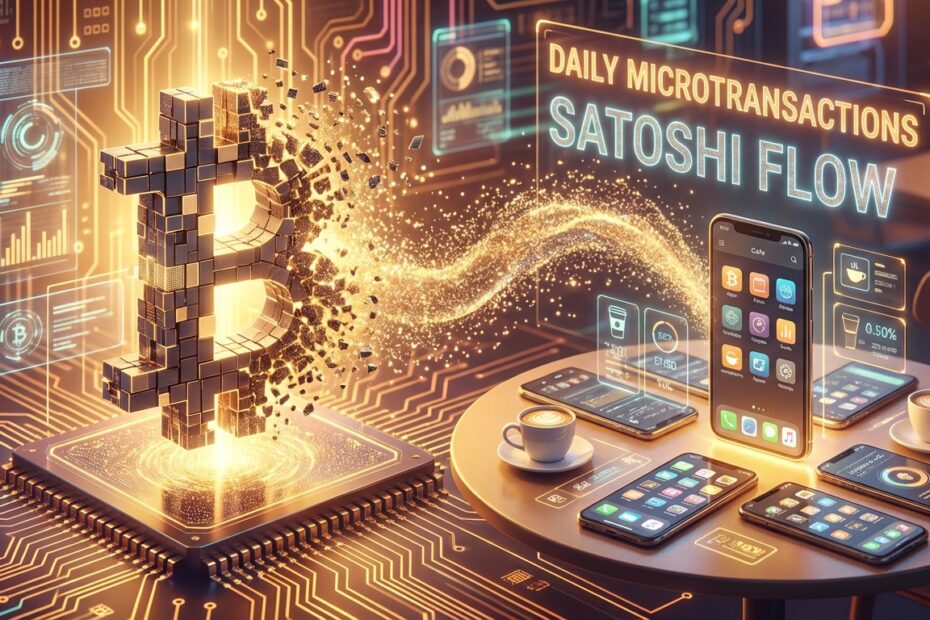 Ilustração 3D de um Bitcoin se dividindo em pequenas partículas luminosas representando satoshis para pagamentos digitais