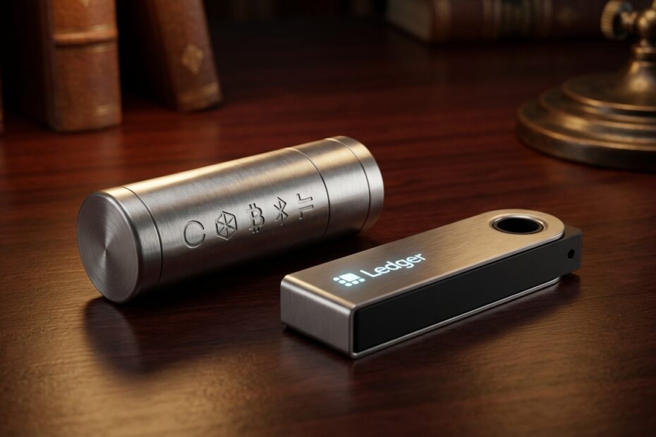 Cápsula de aço e carteira hardware para proteção de seed phrase de Bitcoin