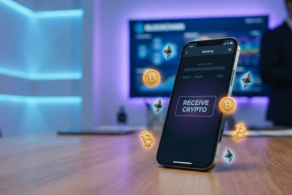 Smartphone com aplicativo bancário exibindo opção de receber Bitcoins e criptomoedas