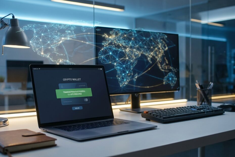 Laptop mostrando transação de Bitcoin recebida por freelancer trabalhando remotamente