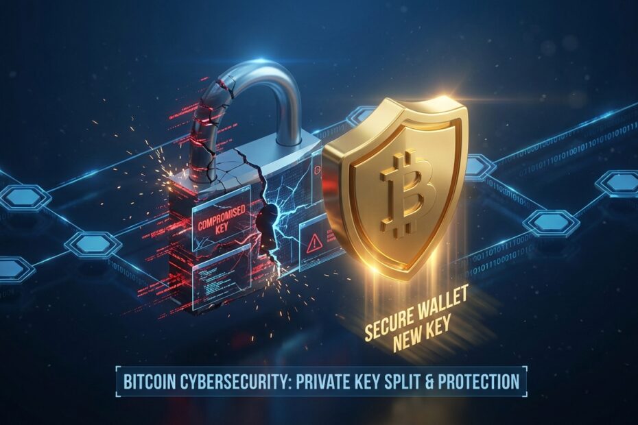 Ilustração 3D de segurança Bitcoin mostrando a transição de uma chave privada comprometida para uma nova carteira segura.
