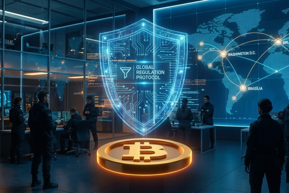 Ilustração de escudo digital representando a regulação global filtrando novos ativos cripto em 2026