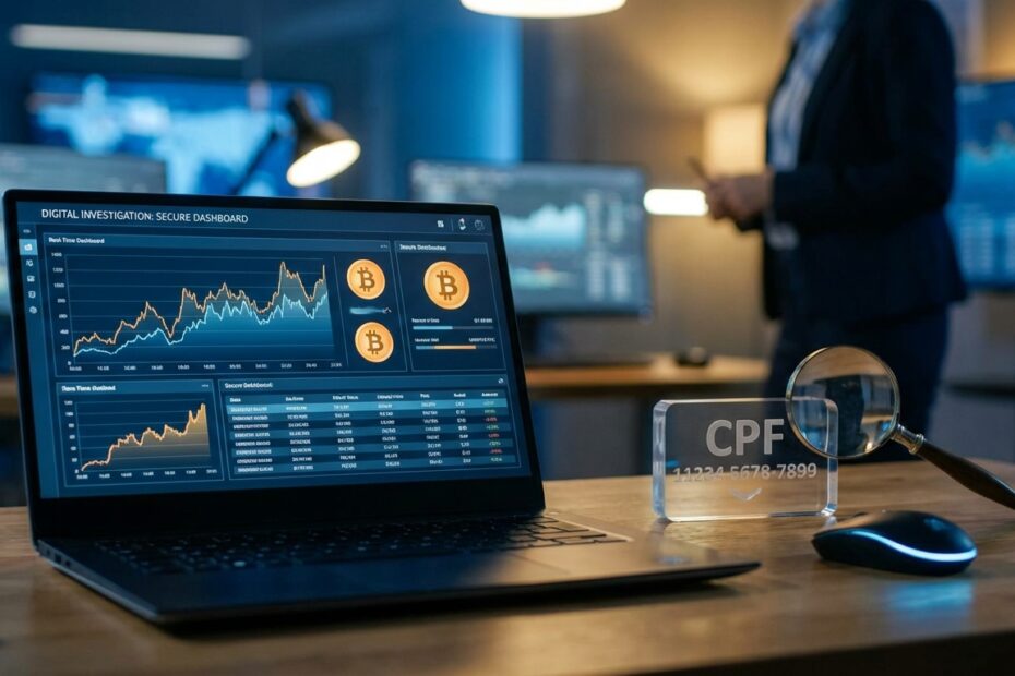 Ilustração de consulta de ativos digitais em notebook com símbolos do Bitcoin