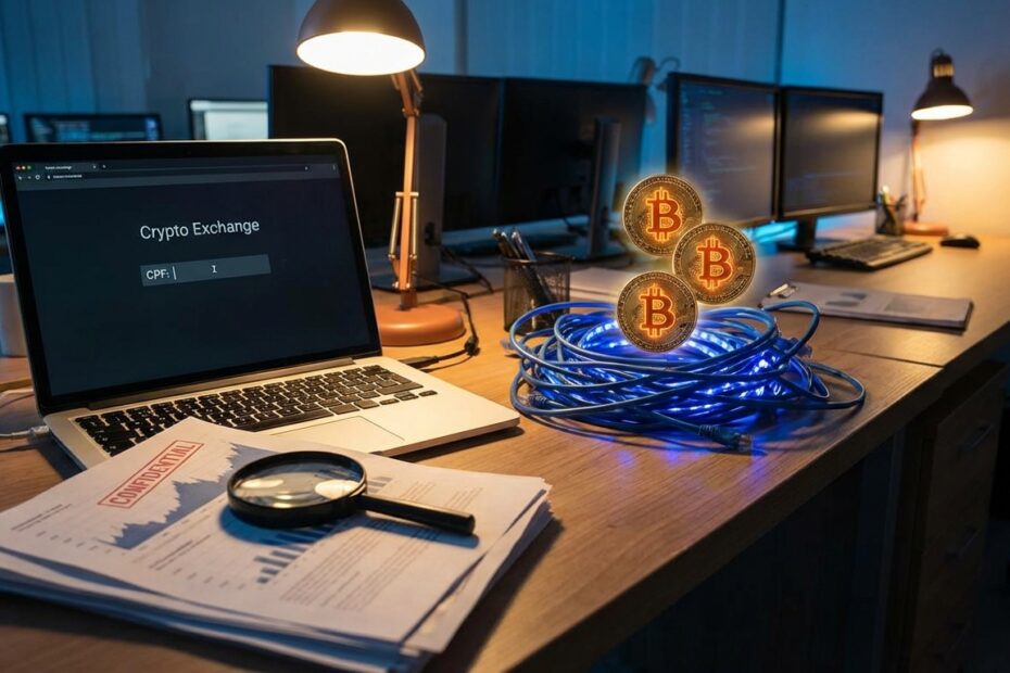 Ilustração de computador com tela de login de exchange e moedas bitcoin representando a busca por ativos