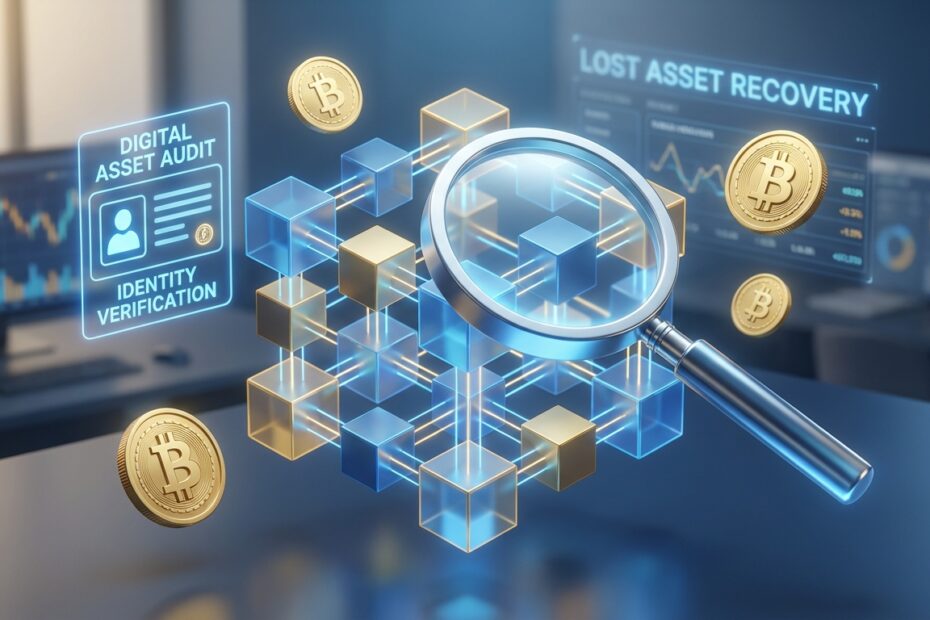 Ilustração 3D de uma lupa analisando uma rede blockchain em busca de Bitcoins vinculados a documentos