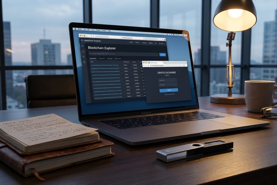 Laptop exibindo interface de recuperação de conta de criptomoedas e carteira hardware sobre a mesa