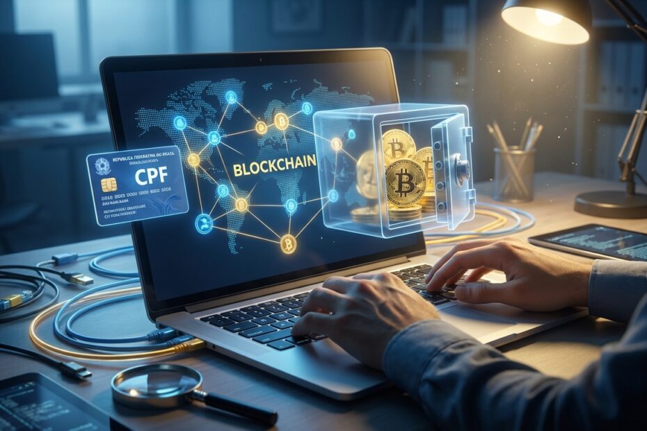 Ilustração conceitual de rastreamento de bitcoins perdidos através do CPF e redes blockchain
