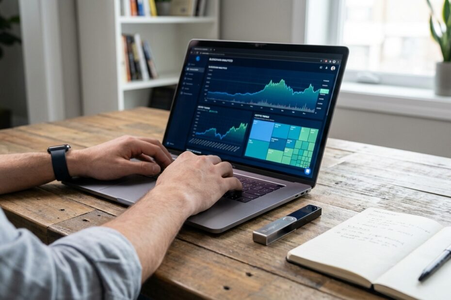 Investidor verificando saldo de bitcoins no computador com carteira física na mesa