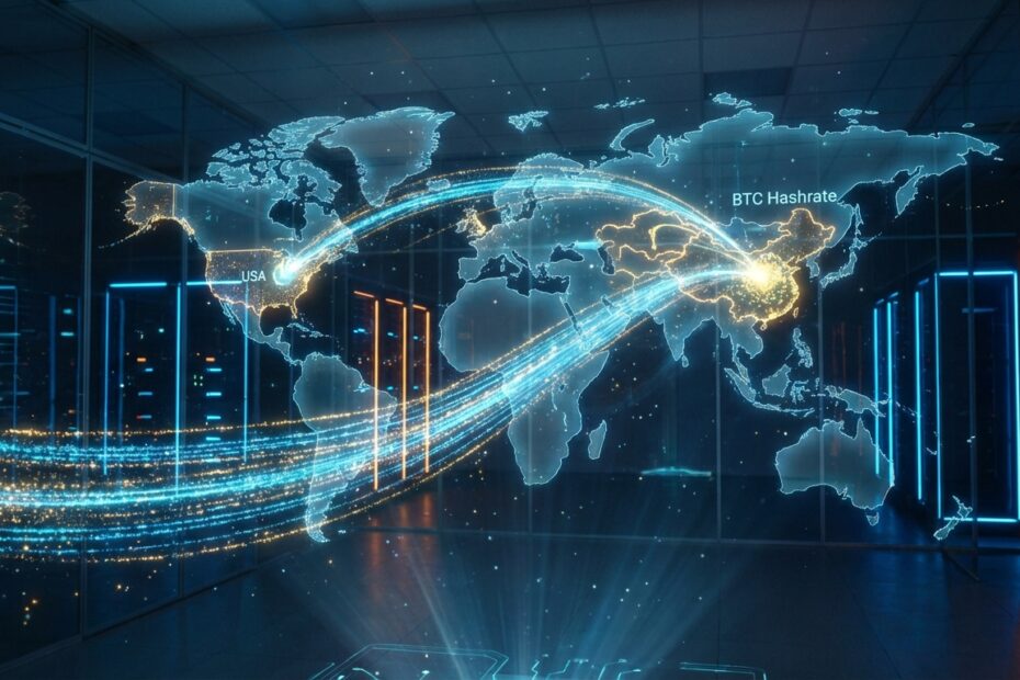 Mapa digital ilustrando a migração global de mineradores de Bitcoin saindo da China