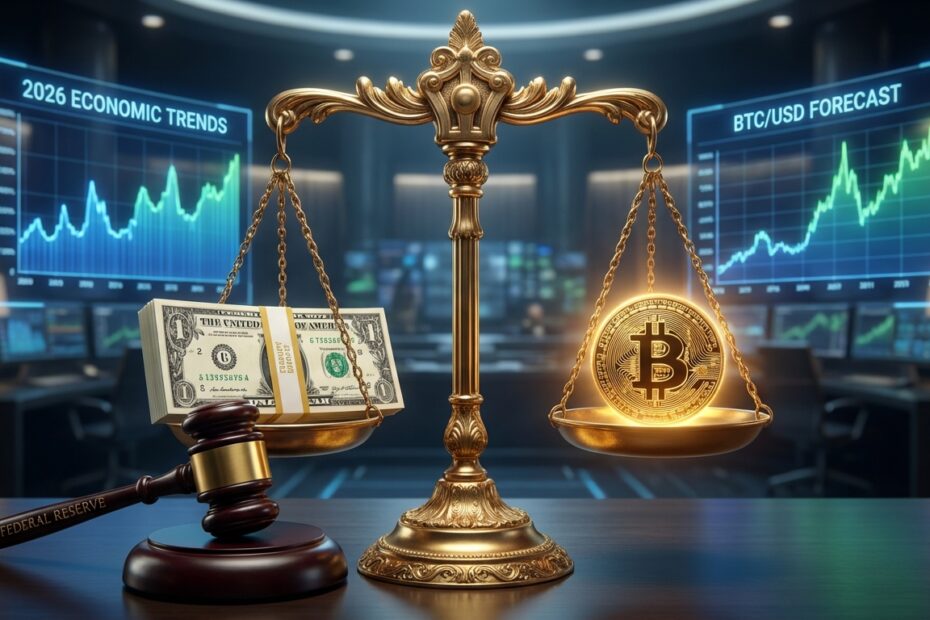 Balança financeira equilibrando títulos do tesouro americano e uma moeda de Bitcoin