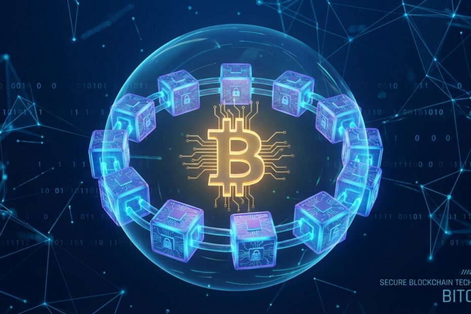 Ilustração 3D de uma rede blockchain conectada protegendo um símbolo do Bitcoin com criptografia