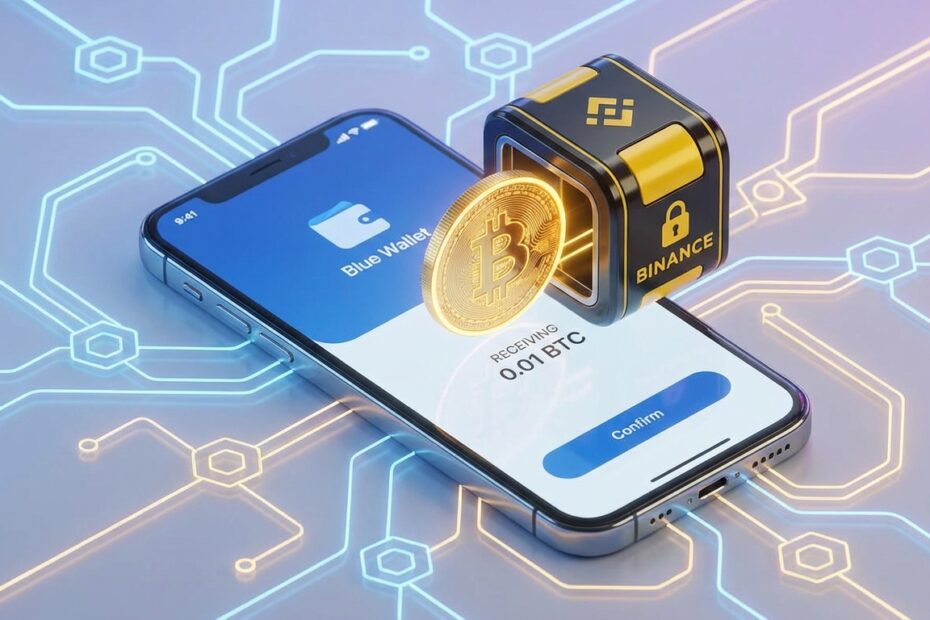 Ilustração do processo de transferência de Bitcoin da Binance para a Blue Wallet via blockchain