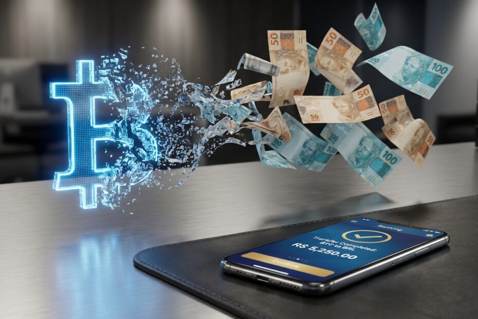 Ilustração 3D de Bitcoin sendo convertido em notas de Real e transferido via smartphone