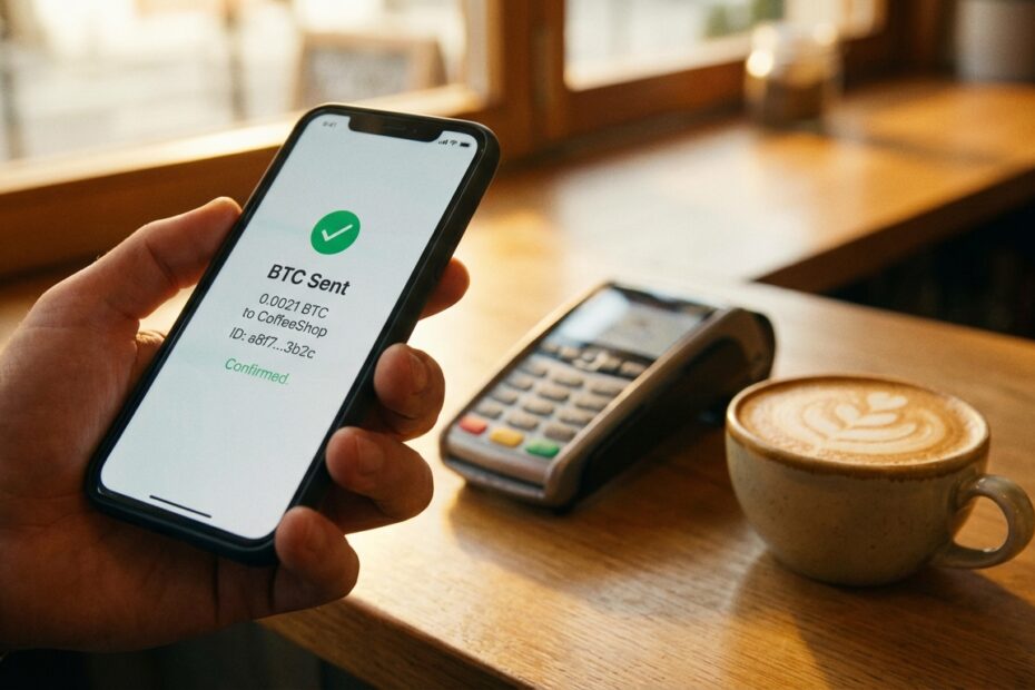 Pagamento com Bitcoin via celular em cafeteria utilizando QR Code