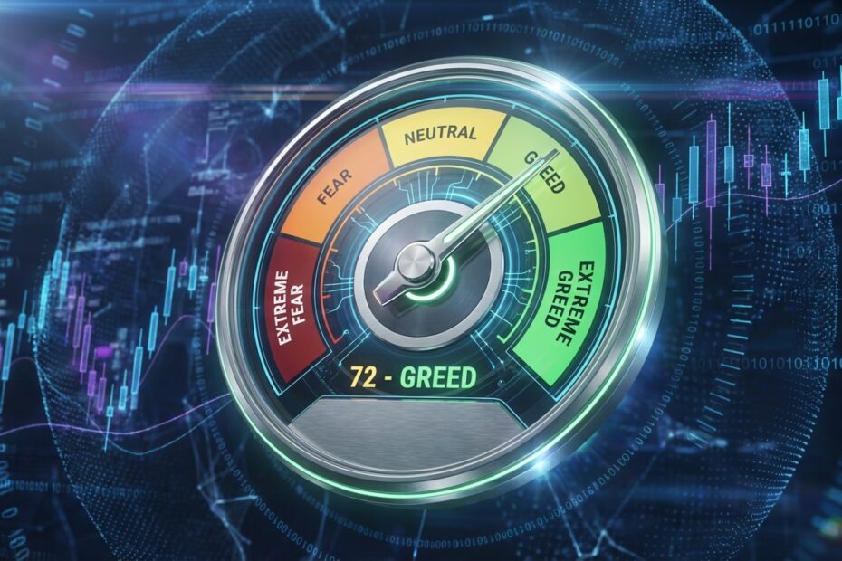 Medidor digital do índice de medo e ganância Bitcoin ilustrando zonas de sentimento do mercado