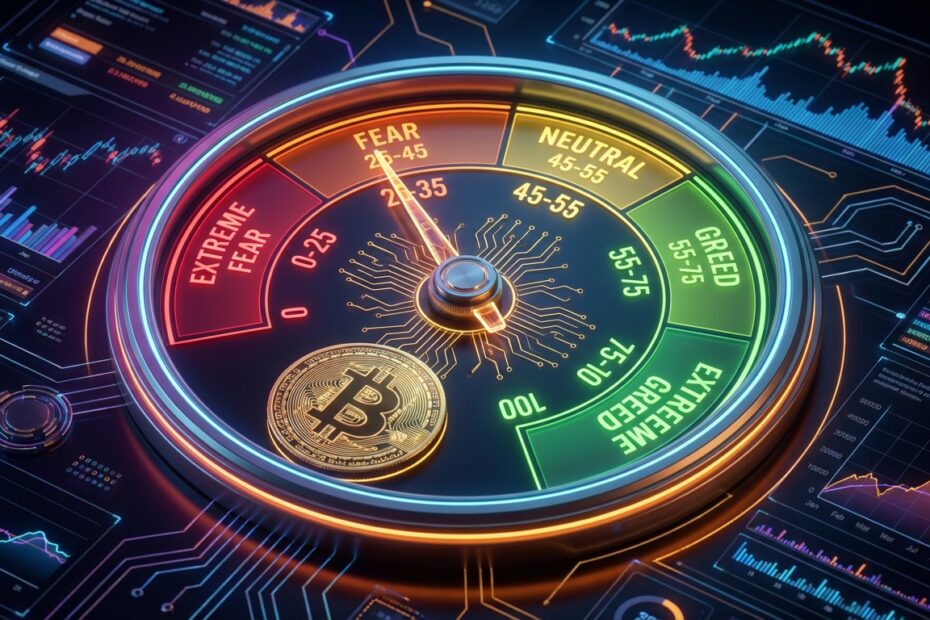 Ilustração do Índice de Medo e Ganância do Bitcoin indicando zonas de sentimento do mercado