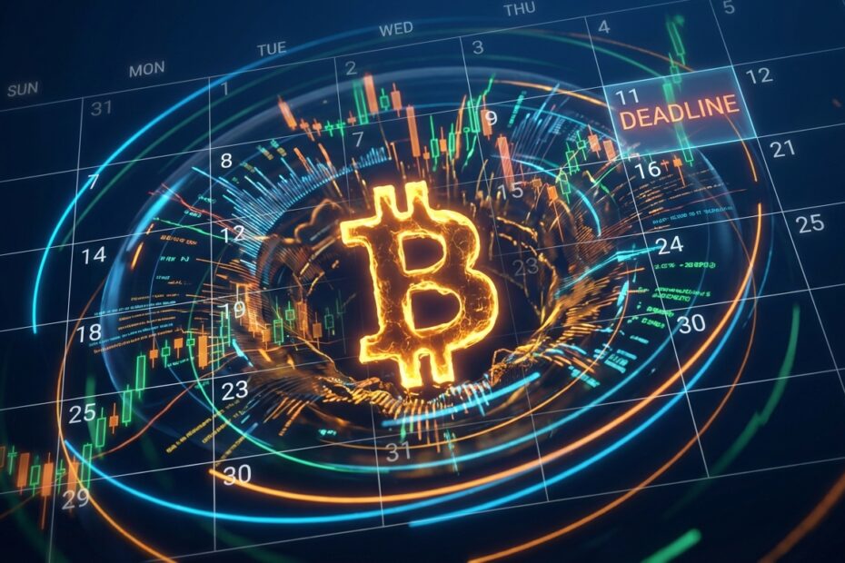 Gráfico abstrato 3D ilustrando a volatilidade do Bitcoin durante o vencimento de contratos de opções e futuros.