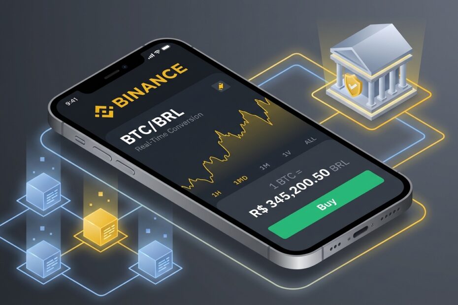 Smartphone exibindo conversão de Bitcoin para Real na interface da Binance com símbolos de segurança.