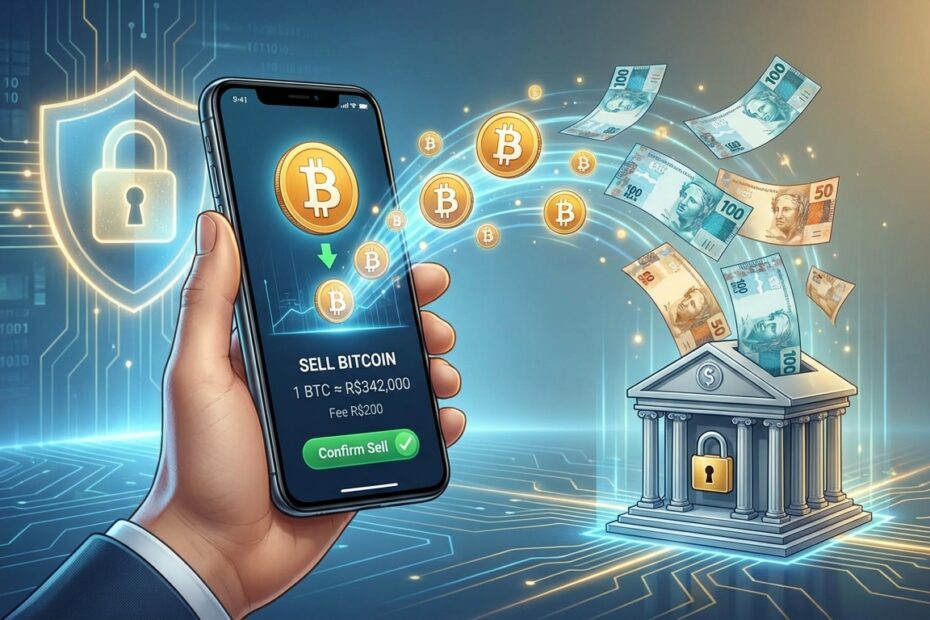 Smartphone exibindo transação segura de venda de bitcoin e transferência para conta bancária