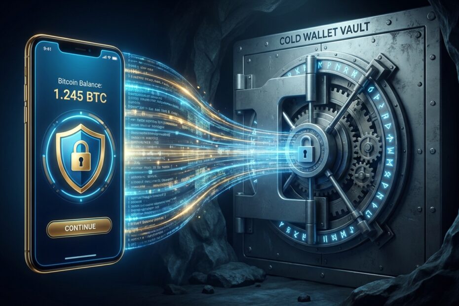 Smartphone exibindo saldo Bitcoin conectado virtualmente a um cofre físico fechado representando uma carteira watch-only