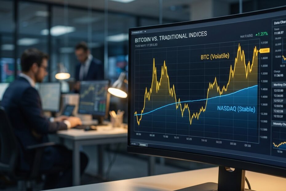 Gráfico comparativo de volatilidade entre Bitcoin e índices tradicionais em painel financeiro