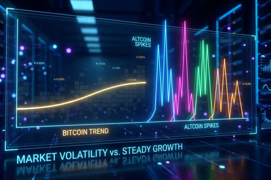 Gráfico digital comparando a valorização do Bitcoin e Altcoins em 2026