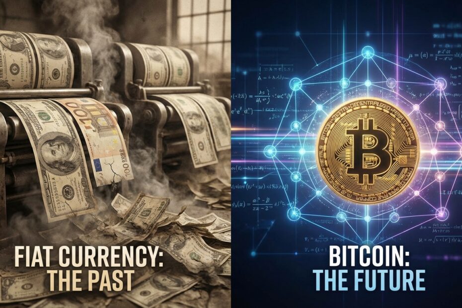 Comparativo visual entre notas de dinheiro fiduciário e a rede digital do Bitcoin