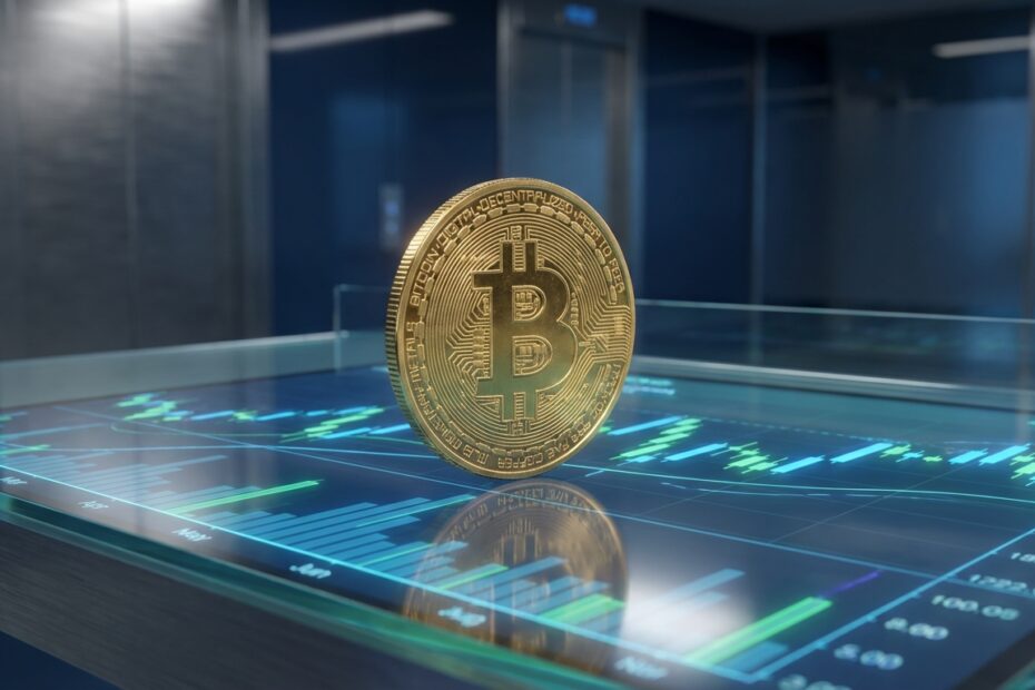 Bitcoin dourado posicionado sobre gráfico financeiro digital luminoso em ambiente corporativo