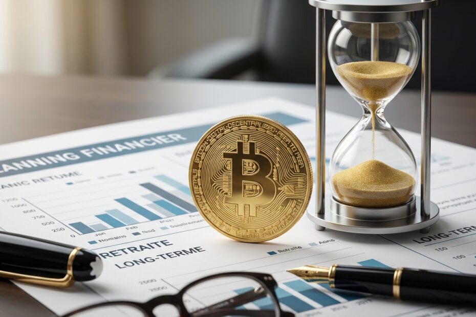 Moeda Bitcoin dourada sobre documentos de planejamento de aposentadoria e ampulheta
