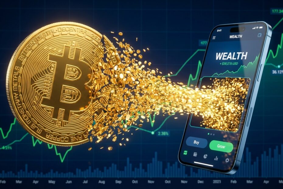 Ilustração de um Bitcoin se dividindo em milhares de satoshis brilhantes entrando em uma carteira digital