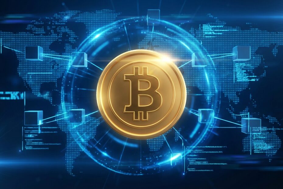 Ilustração 3D de uma moeda Bitcoin dourada conectada a uma rede digital de blockchain