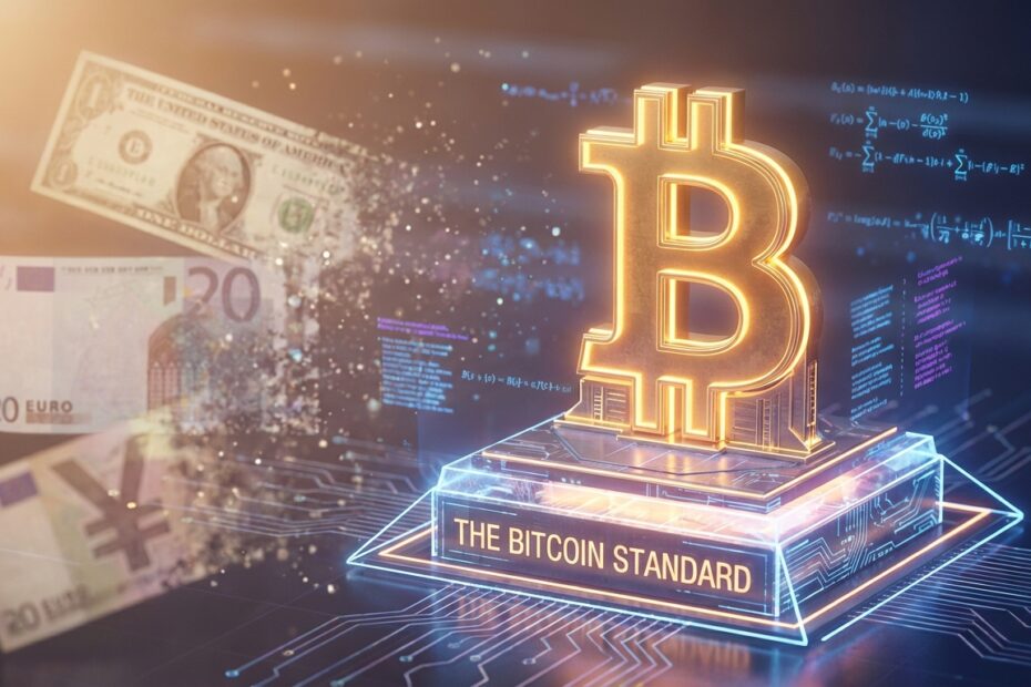 Ilustração 3D representando a solidez do Padrão Bitcoin em contraste com moedas fiduciárias.