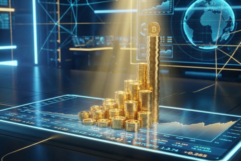 Pilha de moedas digitais douradas representando satoshis e a estratégia de stacking sats