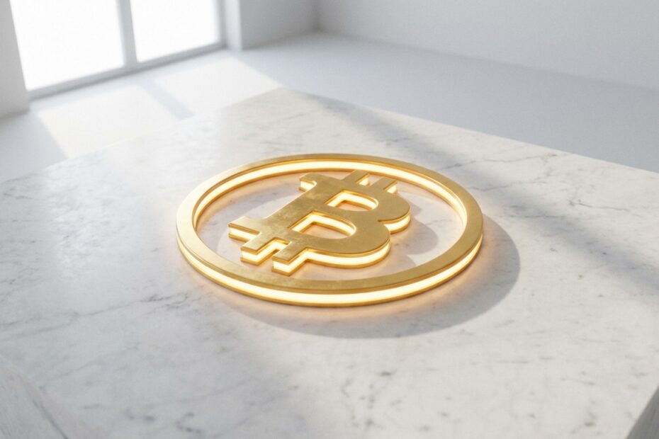 Símbolo do Bitcoin sobre superfície minimalista representando a conexão entre a moeda digital e a simplicidade voluntária.