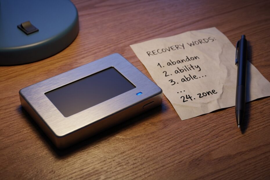 Carteira hardware de Bitcoin sobre mesa com folha de recuperação de senha