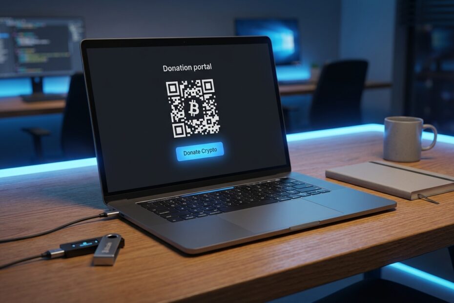 Tela de laptop exibindo página de doação com código QR de Bitcoin e carteira de hardware sobre a mesa