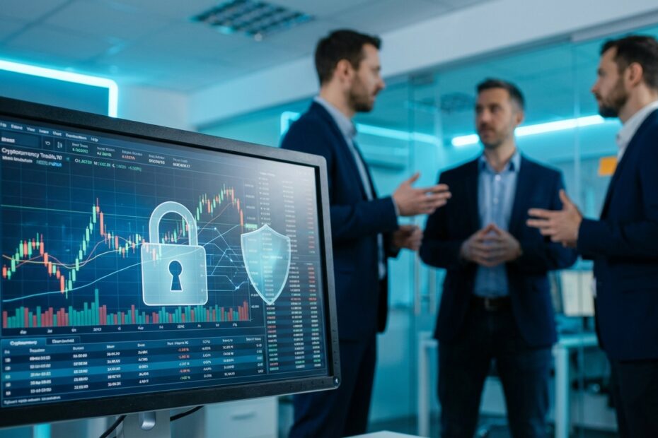 Monitor exibindo gráficos de criptoativos e símbolo de cadeado digital em escritório financeiro