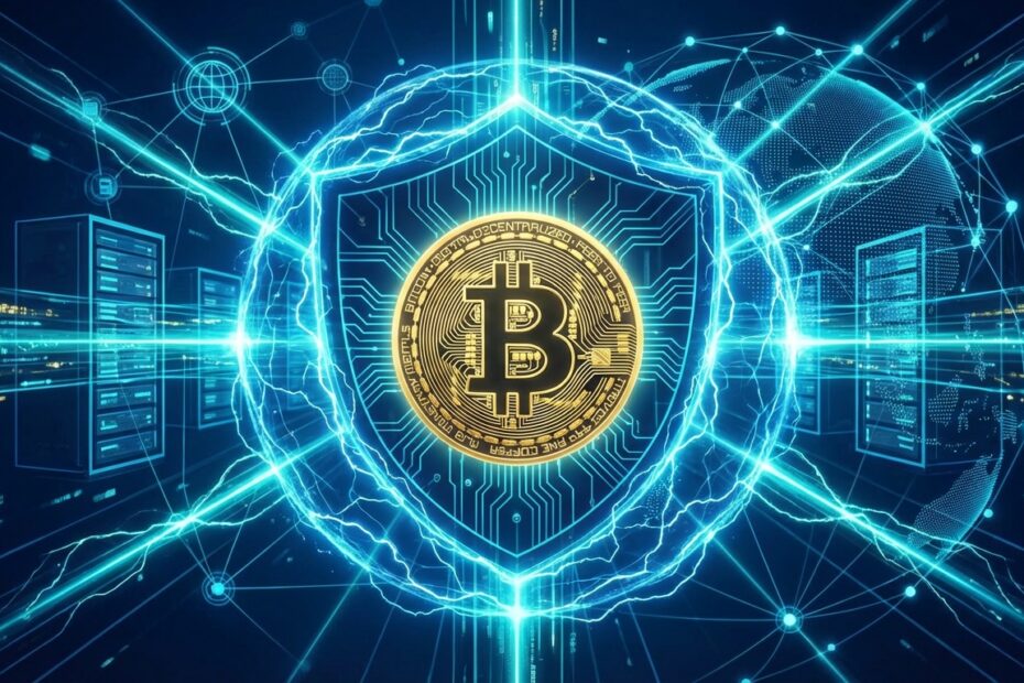 Ilustração futurista de um Bitcoin protegido por um escudo de energia elétrica e circuitos digitais.