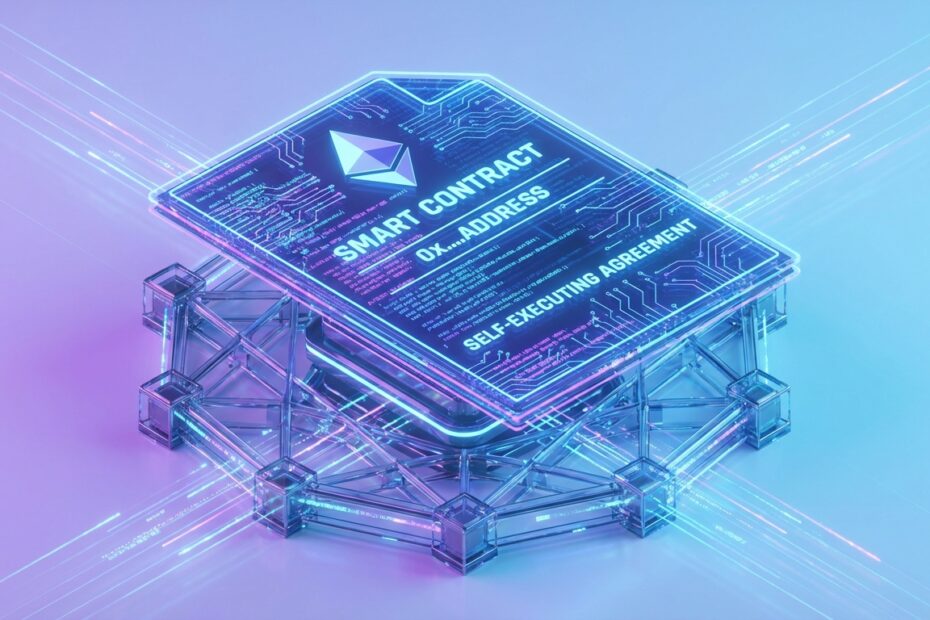 Ilustração 3D futurista de um contrato inteligente sendo executado automaticamente na rede blockchain Ethereum.