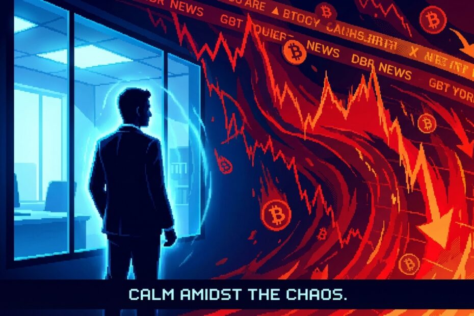 Investidor mantendo a calma analisando gráficos de queda do Bitcoin durante um crash de mercado