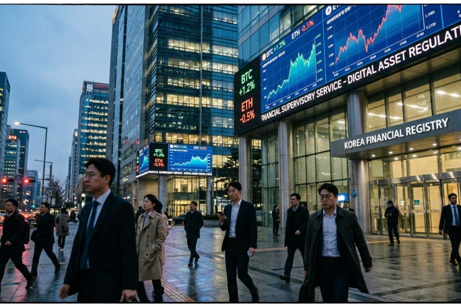 Distrito financeiro de Seul com gráficos de criptomoedas representando o mercado sul-coreano