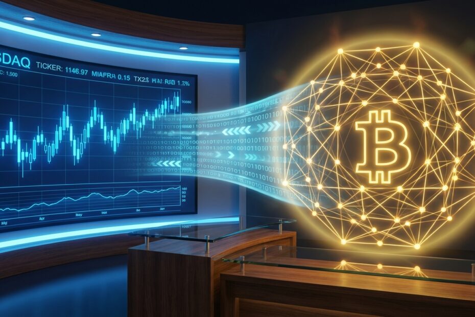 Ilustração comparativa mostrando a correlação e as diferenças entre o Bitcoin e o mercado de ações tradicional.